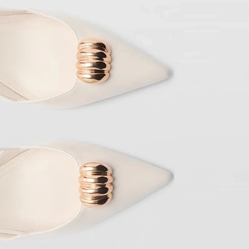Fashion Metal Decoration Designer Pumps Women Sexy Pointed Toe Backless Banquet high Heels Luxury Wedding Bridal Shoes Sandals