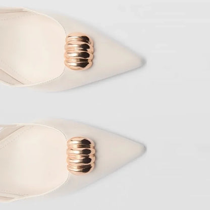 Fashion Metal Decoration Designer Pumps Women Sexy Pointed Toe Backless Banquet high Heels Luxury Wedding Bridal Shoes Sandals