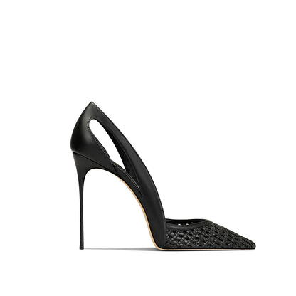 Summer New Women's Black Leather Woven Fashionable and Sexy Pointed Thin Heel High-heeled Shoes