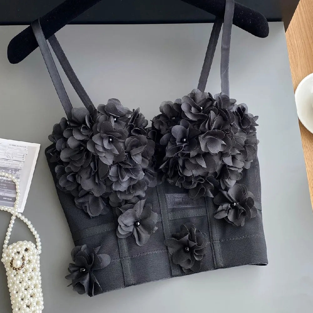 Sexy Beachwear Corset 3D Floral Applique Cute Women Deading Design Bustier Ladies Event Party Crop Top Short French Sweet Cami
