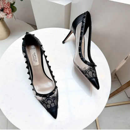 V-Home Mandarin Orange High Heels Lace Mesh Rivet Pointed Toe Versatile Single Shoes Women Summer Fashionable Elegant