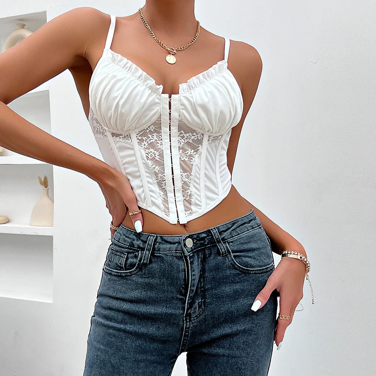 Sexy Lace Mesh Sheer Patchwork Corset Top Spaghetti Strap Pleated Chic Tank Tops for Women See Through Back Fishbone Camisole