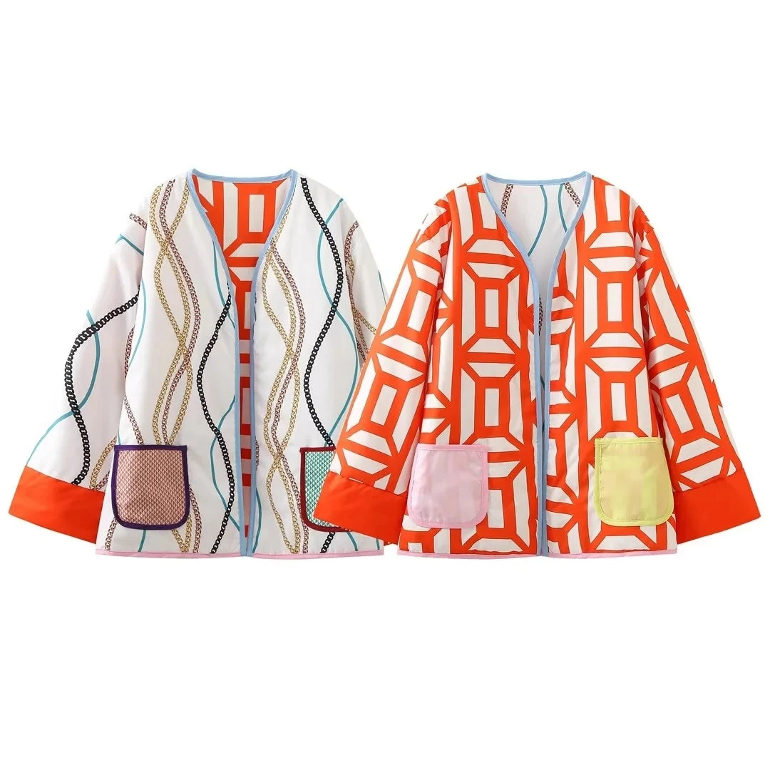 HH Floral Print Jacket For Women Autumn Quilted Reversible Cotton Coat Cardigan Long Sleeve Jackets Elegant Woman Streetwear