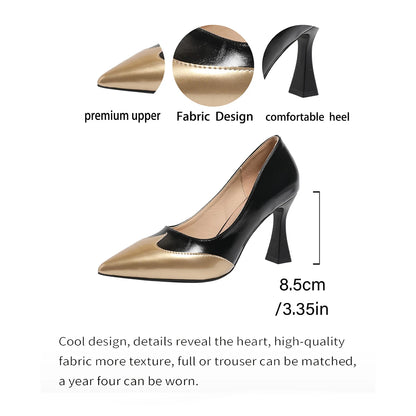 Genuine Leather French-Style Pointed-Toe Low-Cut Sexy Flats, New Color-Block Fashion Versatile Elegant High Heels