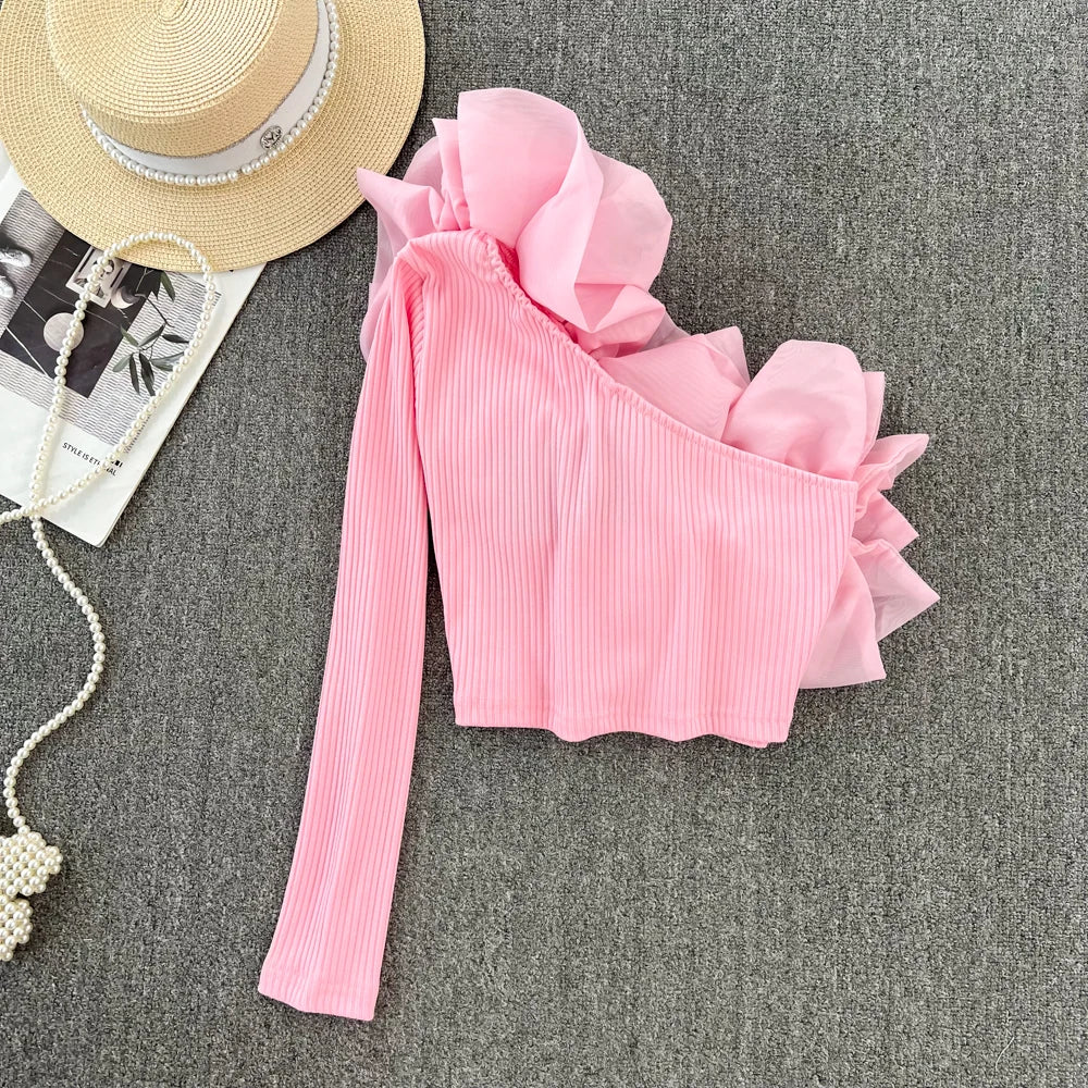 Retro Personali 3D Flower Slant Collar Single oulder Long Sve T-irt Women's Faion ort Sle Belly Button Baring Top