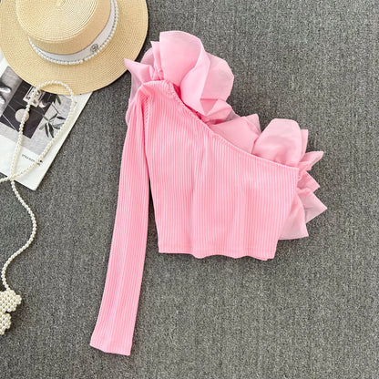 Retro Personali 3D Flower Slant Collar Single oulder Long Sve T-irt Women's Faion ort Sle Belly Button Baring Top
