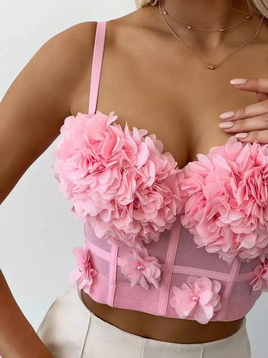 Sexy Beachwear Corset 3D Floral Applique Cute Women Deading Design Bustier Ladies Event Party Crop Top Short French Sweet Cami