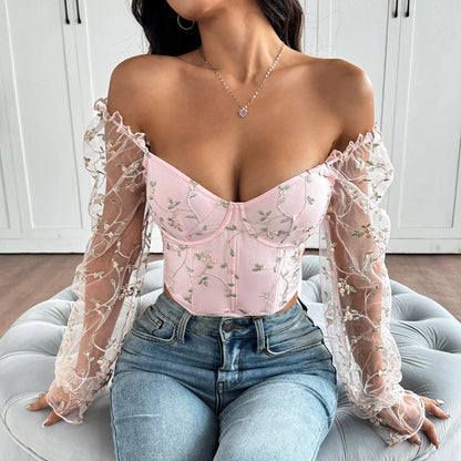 Sexy Spicy Girl Mesh Long Sleeve Corsets Shaper Flower Embroidery Bustiers Fishbone Slim Fit Fashion Versatile Women Corset Top