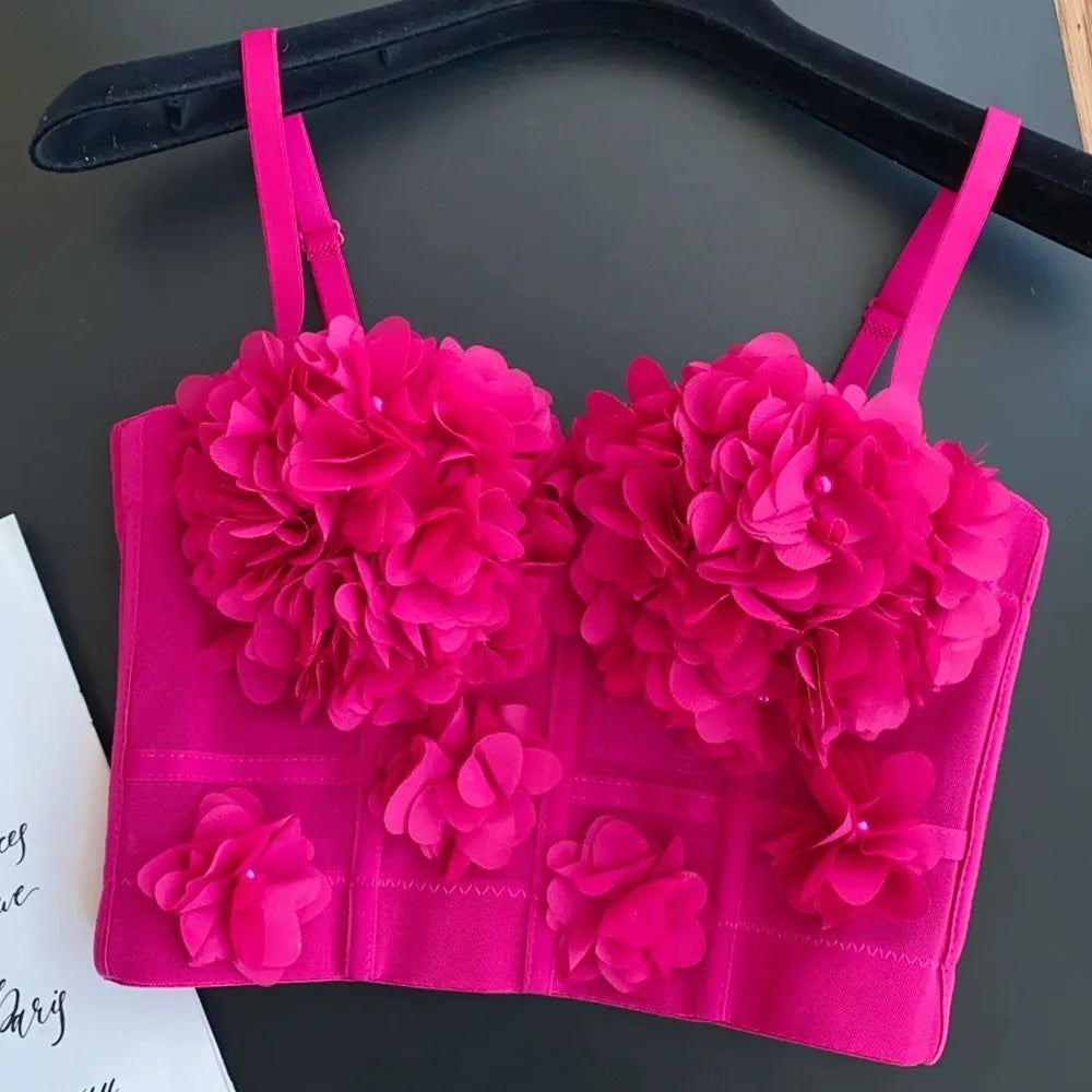 Sexy Beachwear Corset 3D Floral Applique Cute Women Deading Design Bustier Ladies Event Party Crop Top Short French Sweet Cami