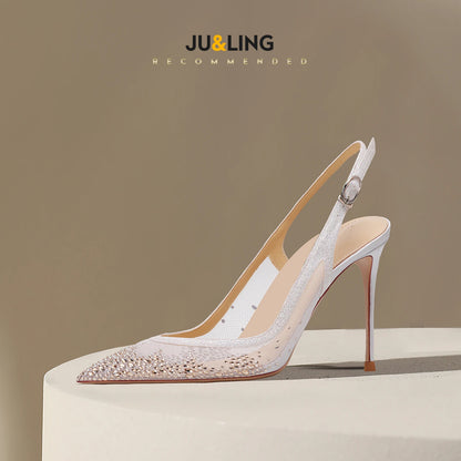 New Baotou sexy sandals with one buckle and summer mesh, rhinestone high heels for women, slim heels, shallow mouth