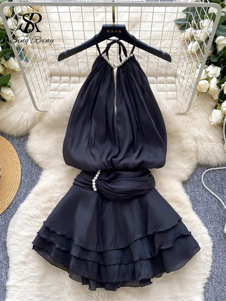 SINGREINY Strap Chiffon Mini Dress Female Pearl Halter Sleeveless Backless Sexy Design Fairycore Vacation Summer Ruffles Dress