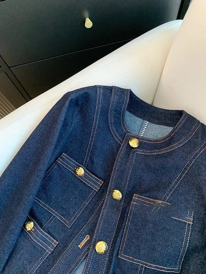 Blue Denim Top Women Autumn Classic Style Short Coat New Korean Fashion  Chic Pockets O-Neck Female Ropa De Mujer Loose Jackets