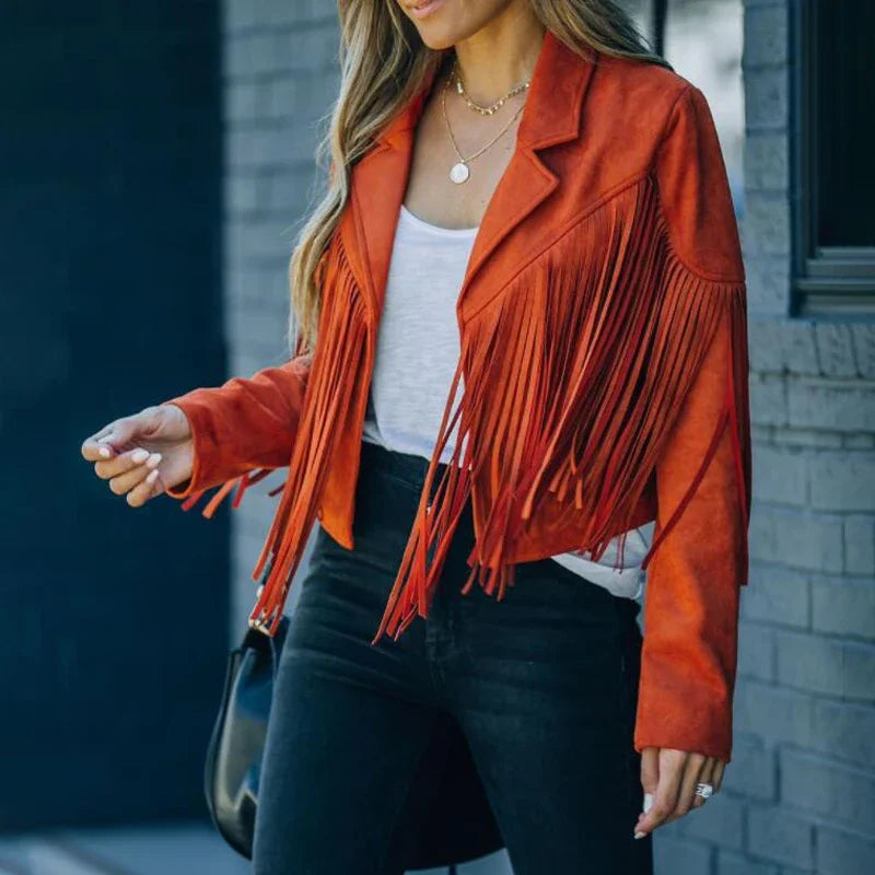 Women's Casual Fringe Cropped Jacket Western Boho Vintage Long Sleeve Zip Up Trendy Autumn Outerwear