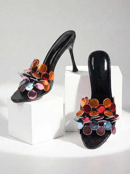 Floral High Heel Open Toe Sandals Women's Versatile Casual Slip-On Shoes Fashionable European Style round Toe Rubber Outsole