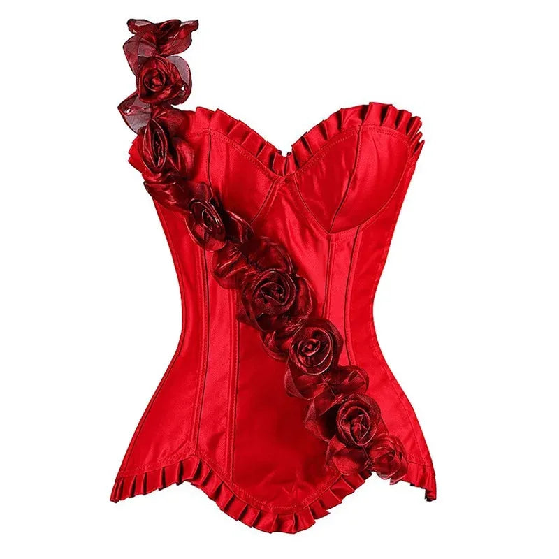 Women's Sexy Body Shaper Overbust Corsets and Bustiers Top Lace-up One Shoulder Strap Flower Boned Korset Burlesque Corsets