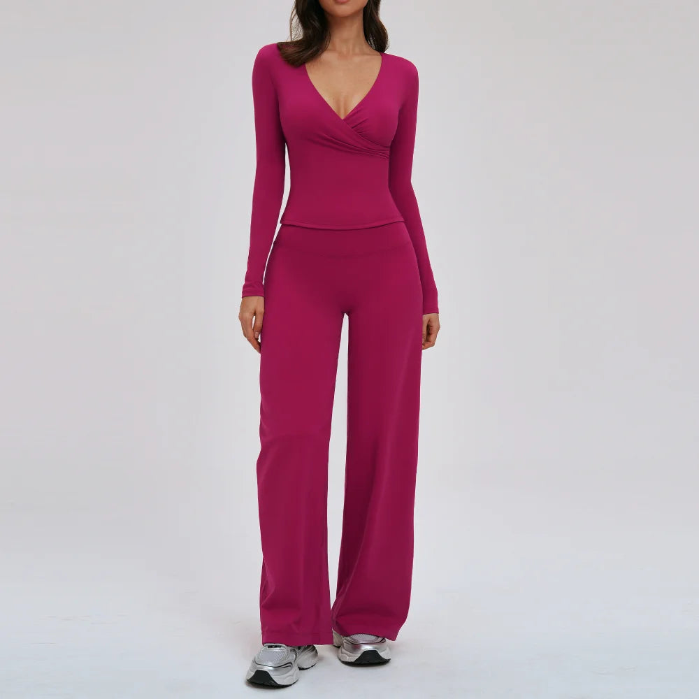 2PCS Gym Tracksuits Yoga Set Female Fitness Suit Deep V Yoga Bra Athletic Wear Women High Waist Workout Flared pants Sports Suit