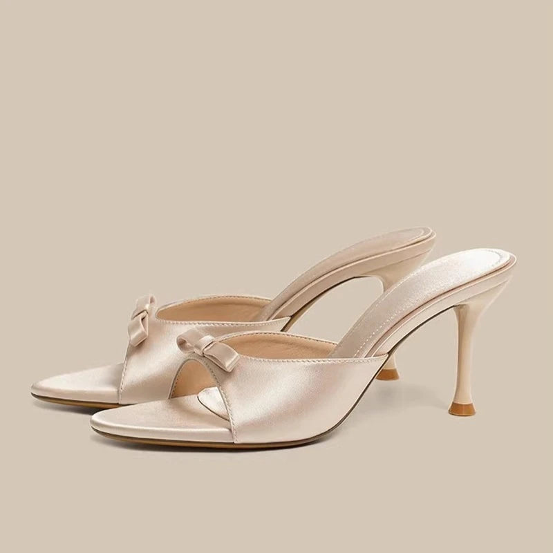 Designer Thin High Heel Summer Women Slippers Fashion Satin Butterfly-knot Dress Slides Ladies Sexy Stripper Party Sandals