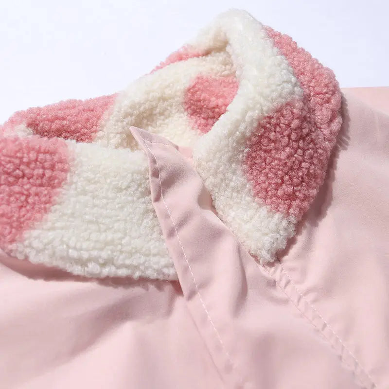Double-Sided Wear Thickened Lamb Fur Heart Pattern Cotton Jacket Couple's Two-Way Wear Casual Warm Zipper Closure Long Sleeve...