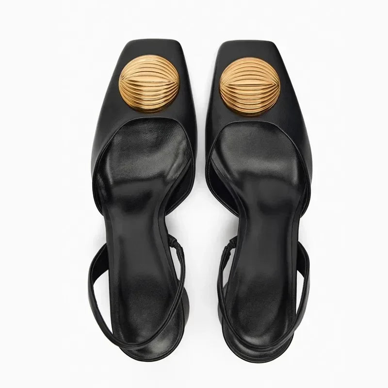 Designer Brand Sandals Women Pumps Metal Decoration Fashion Square Toe Chunky Heels Dress Shoes Elegant High Heels Ladies Mules