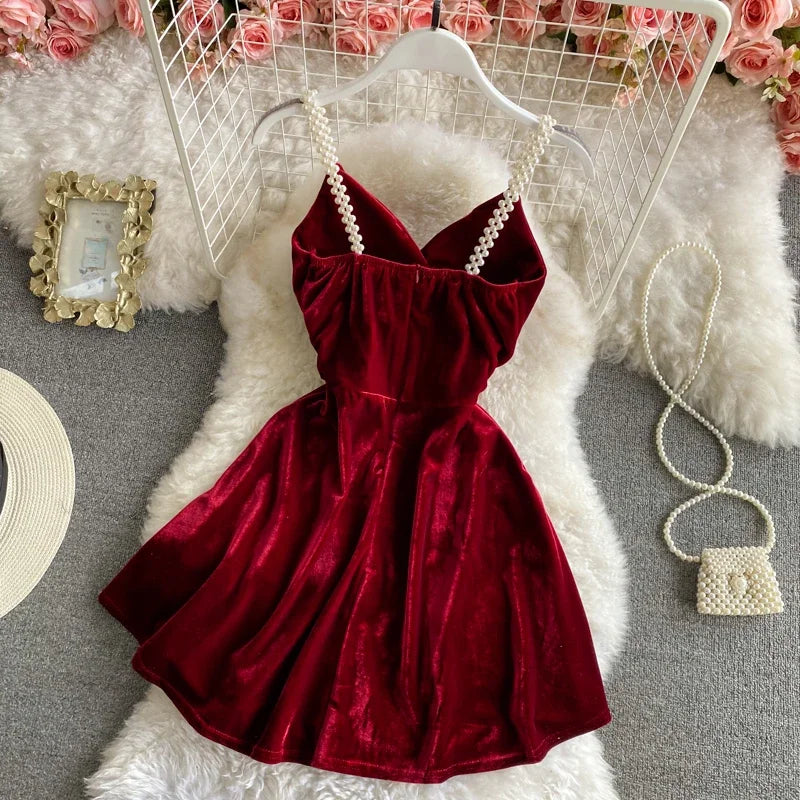 Summer Strap Dress Women Red Velvet A-line Mini Evening Dress Vintage Off Shoulder Luxury Y2K One Piece Frocks Clothes 2025 New