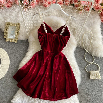Summer Strap Dress Women Red Velvet A-line Mini Evening Dress Vintage Off Shoulder Luxury Y2K One Piece Frocks Clothes 2025 New