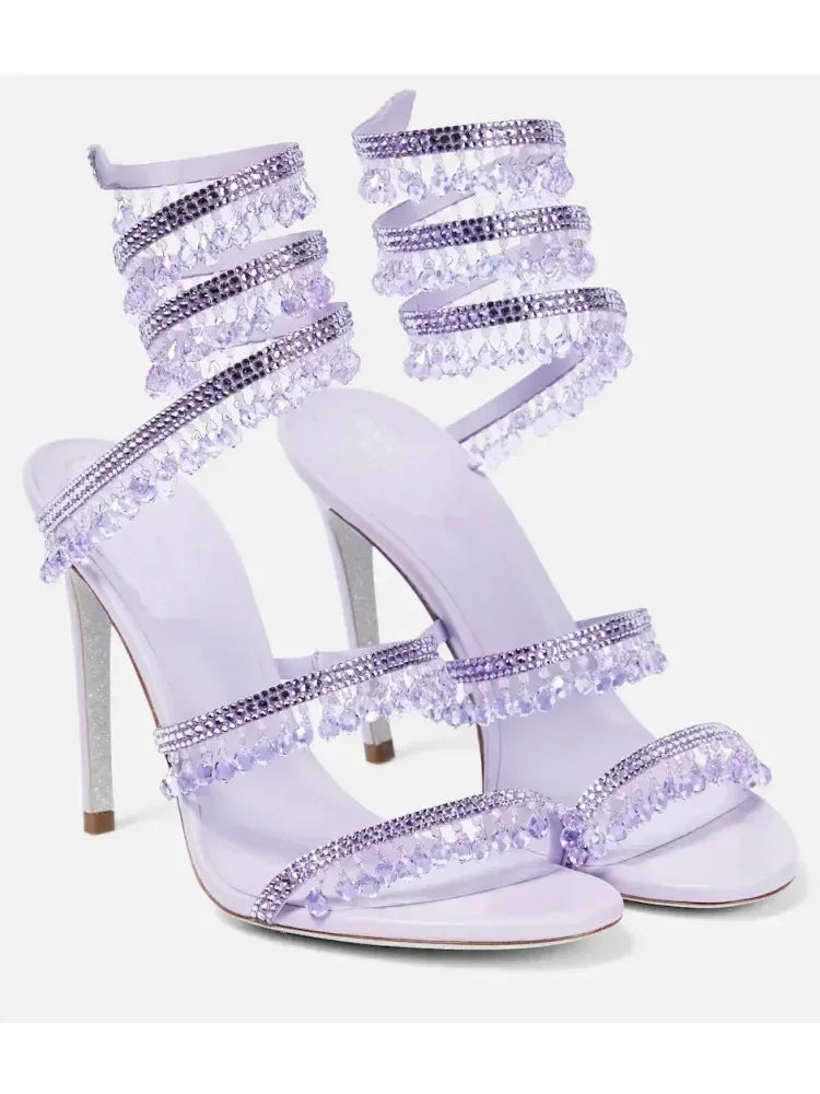 2024Women's New Water Diamond Sandals Fashion Tassel Crystal Shoes Sexy Banquet Party Twin Stiletto Women's Large Sandals