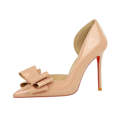 Nude Patent Leather Pointed Toe Stiletto Heel Pumps With Bow Cut Out High Heels For Wedding Party Prom Evening Formal Dress