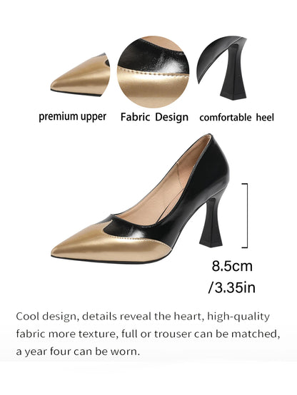 Genuine Leather French-Style Pointed-Toe Low-Cut Sexy Flats, New Color-Block Fashion Versatile Elegant High Heels
