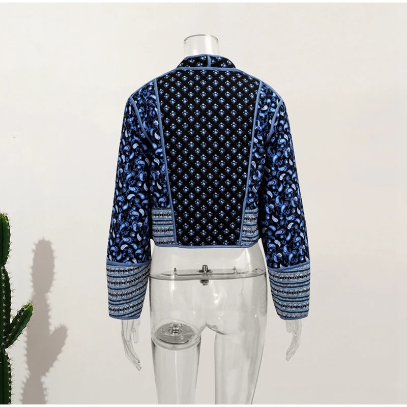 HH Floral Print Jacket For Women Autumn Quilted Reversible Cotton Coat Cardigan Long Sleeve Jackets Elegant Woman Streetwear