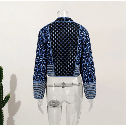HH Floral Print Jacket For Women Autumn Quilted Reversible Cotton Coat Cardigan Long Sleeve Jackets Elegant Woman Streetwear
