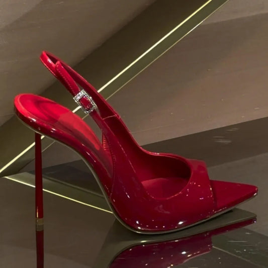 Red Patent Leather Pointed Toe Thin Heel High Heels Women's Spring 2026 New Style Sexy Buckle Back Hollow out Sandals