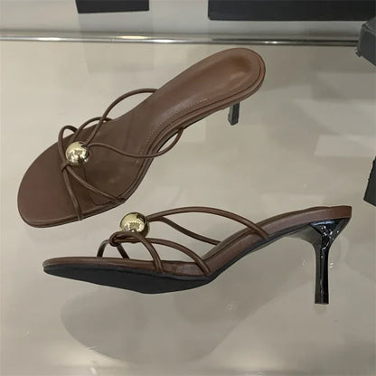 Aneikeh Fashion Low Thin Heels Design Narrow Band Women Slippers Narrow Band Round Head Sandal Mules Slides Shoes Zapatos Mujer