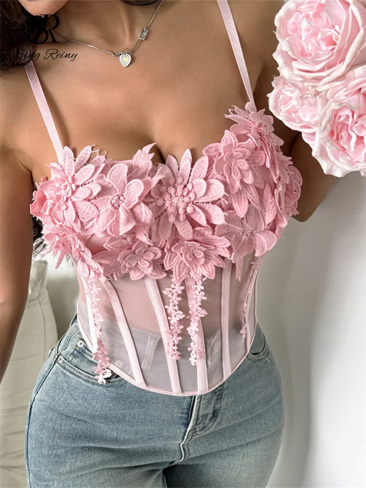 SINGREINY Sheer Gauze 3D Flowers Corset Women Pink Sexy Straps Slim Tops Fashion Streetwear Ladies Short French Chic Sweet Camis