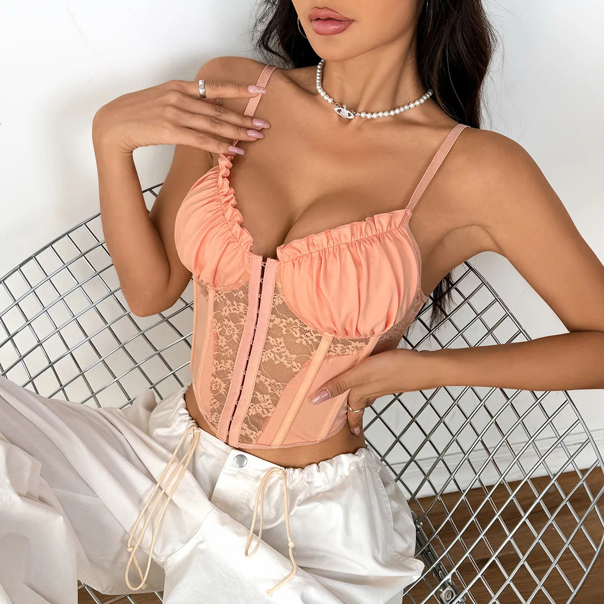 Sexy Lace Mesh Sheer Patchwork Corset Top Spaghetti Strap Pleated Chic Tank Tops for Women See Through Back Fishbone Camisole