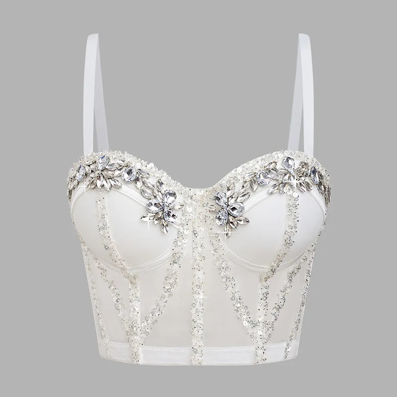 Fashion 2025 Women's Bikins White Diamonds Sling Feminine Short Crop Top Bungee Underwear Tank Tops Sexy Stage Costume Bras