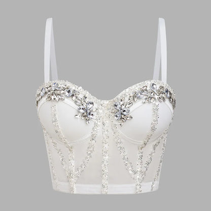 Fashion 2025 Women's Bikins White Diamonds Sling Feminine Short Crop Top Bungee Underwear Tank Tops Sexy Stage Costume Bras