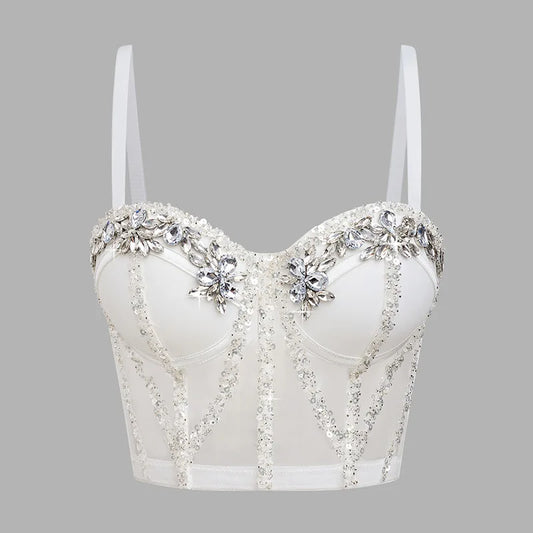Fashion 2025 Women's Bikins White Diamonds Sling Feminine Short Crop Top Bungee Underwear Tank Tops Sexy Stage Costume Bras