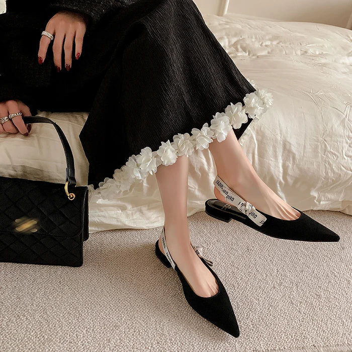 New Summer Low Block Heel Suede Pointed Toe Low-Cut Flats with Letter Back Strap Closed-Toe Sandals