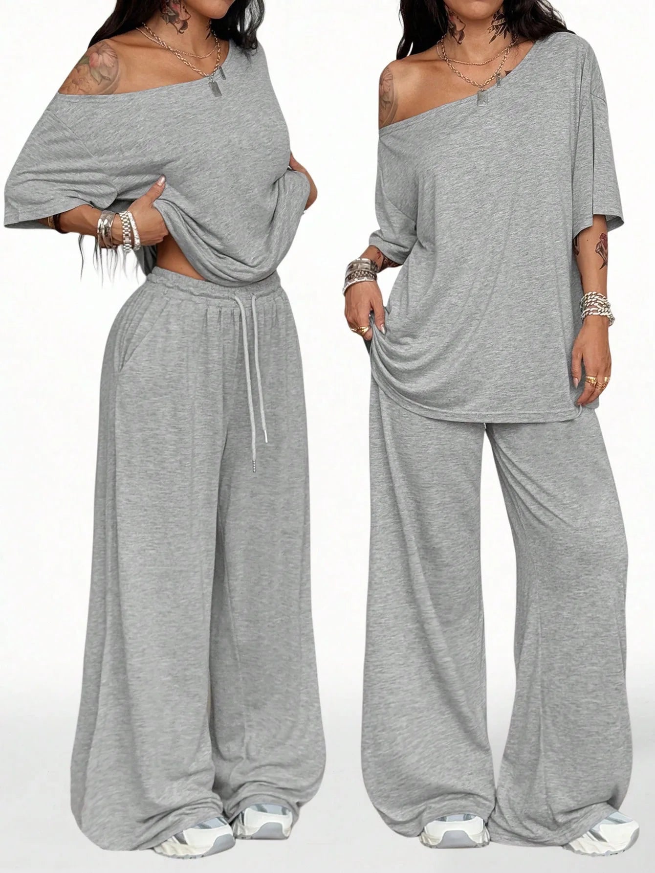 Women's Casual Solid Color Sports Two-Piece Loose Fit Pants Set with Slanted Hem and Wide Leg Design for Spring and Autumn