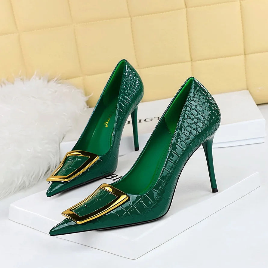 2025 BIGTREE Metal Decoration Buckle Fashion Pumps Women Elegant Snakeskin Print 10cm High Heels Party Ladies Shoes