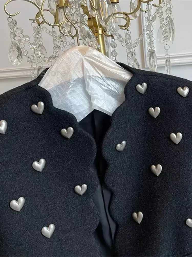 Autumn Winter Fashion Heart Buckle Black Wool Tweed Short Jacket Coat Women Vintage Long Sleeve V Neck Wave Cardigan Outwear Top