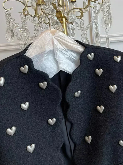 Autumn Winter Fashion Heart Buckle Black Wool Tweed Short Jacket Coat Women Vintage Long Sleeve V Neck Wave Cardigan Outwear Top