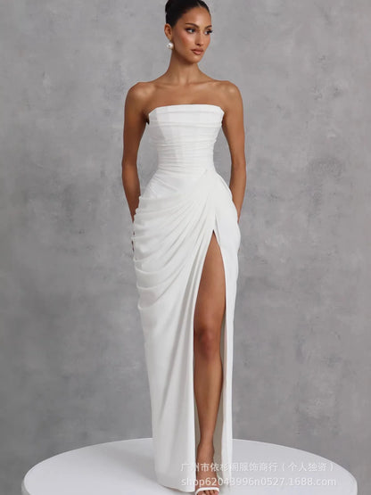 Women Sexy Solid Pleated Strapless Dress Lady Chic Off-shoulder Backless High Waist Split Dresses 2026 New Evening Party Gown