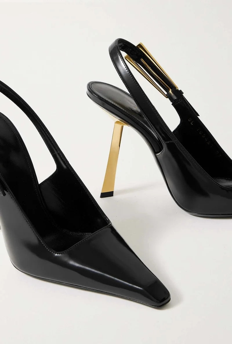 2025 Spring And Summer New Black Patent Leather High Heels Women Slim Heel Shoes Temperament Minority Pointed Sandals