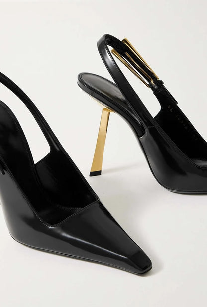 2025 Spring And Summer New Black Patent Leather High Heels Women Slim Heel Shoes Temperament Minority Pointed Sandals