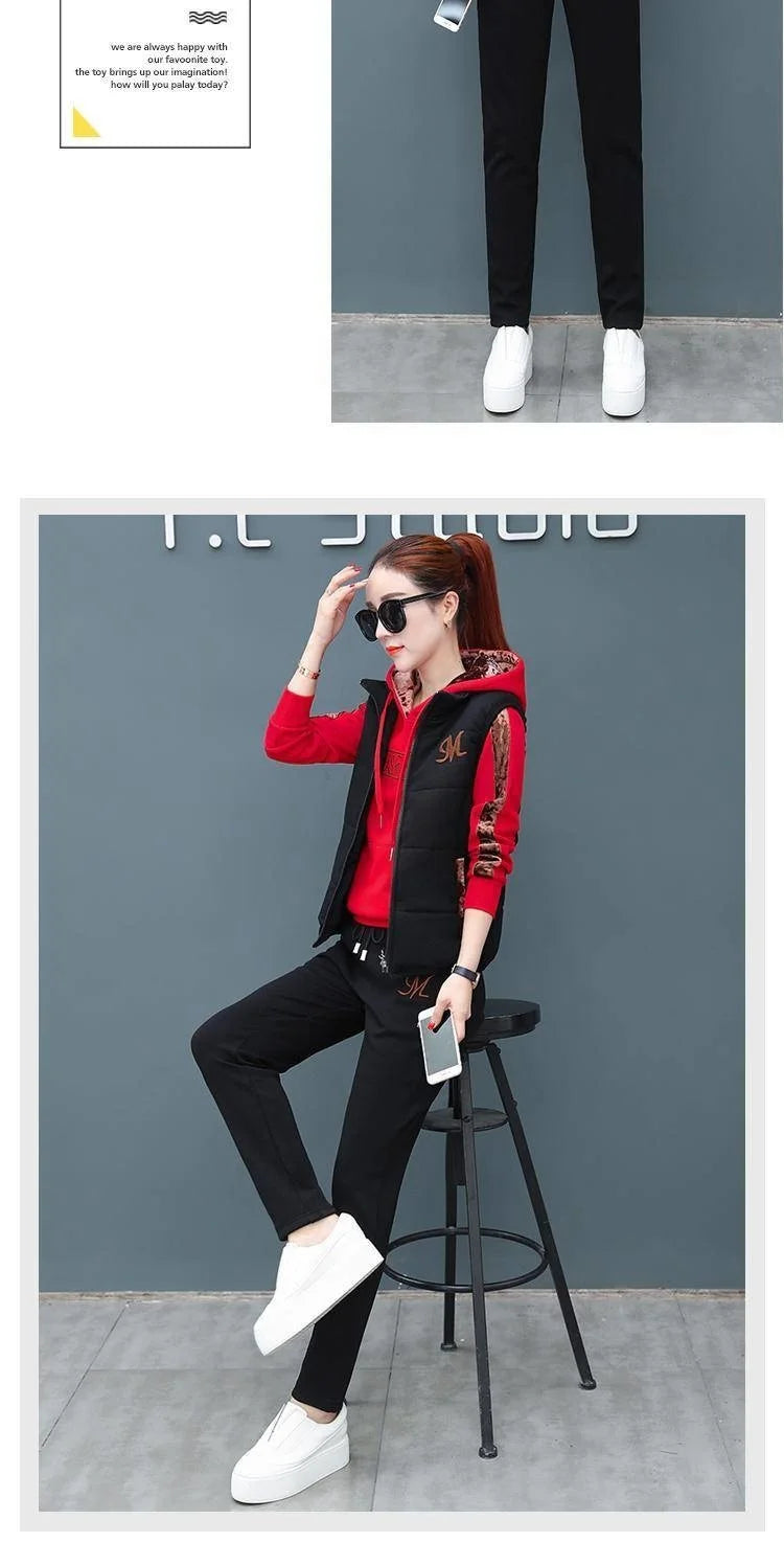 Women's Casual Fashion Autumn Winter New Sweat Suit Plush Thickened Hooded Tops and Waistcoat Pants 3 Three Piece Sets For Women