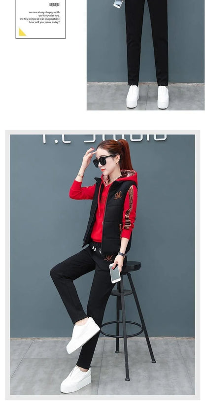 Women's Casual Fashion Autumn Winter New Sweat Suit Plush Thickened Hooded Tops and Waistcoat Pants 3 Three Piece Sets For Women