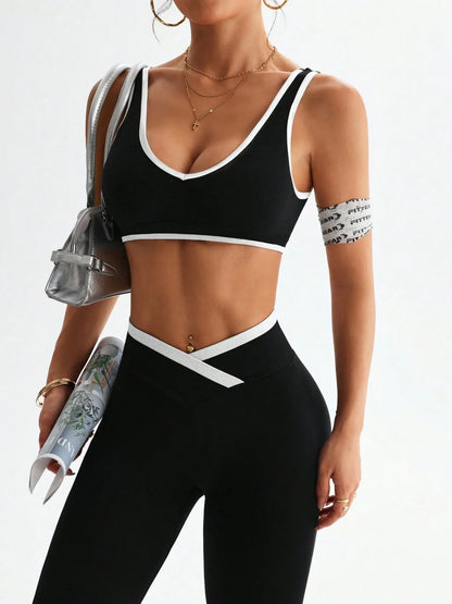 Womens One Piece Yoga Set Tummy Control Fitness Outfit Color Blocking Wide Strap with V Waist Flared Pants 2 Piece