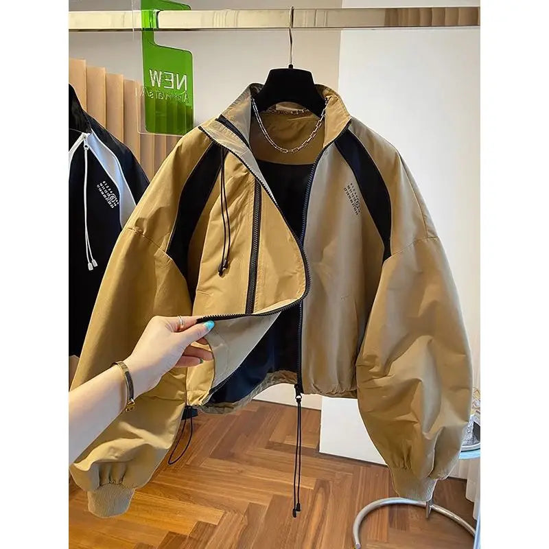 Design  niche loose casual stand up collar trench coat, women's spring and autumn short jacket double zipper