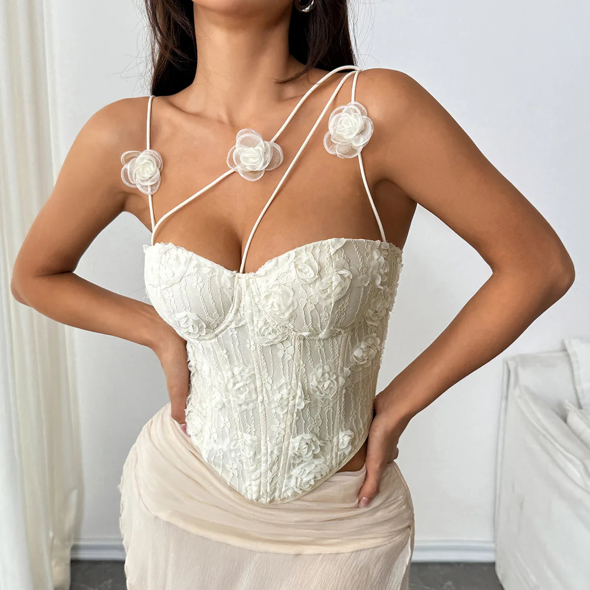 SINGREINY 3D Floral Jacquard Beach Party Tank Top Fashion Women Corset Embroidery Camisole French Hot Girl Vacation Y2K Slim Top